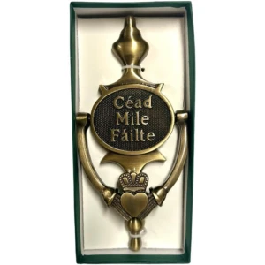Cead Mile Failte Claddagh Brass Oval Door Knocker in Antique Brass on Dublin Gift Company in Door Knockers