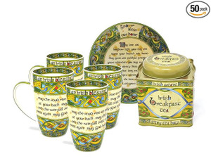 Irish Blessing Tea Collection - 4 Ceramic Mugs,  Plate & Breakfast Tea