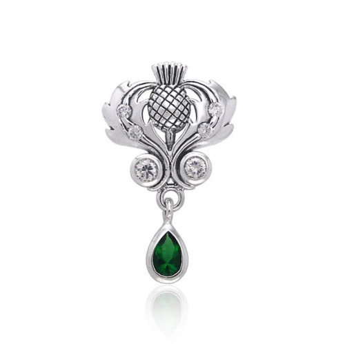 Scottish Thistle Pendant with Emerald Glass & Cubic Zirconia