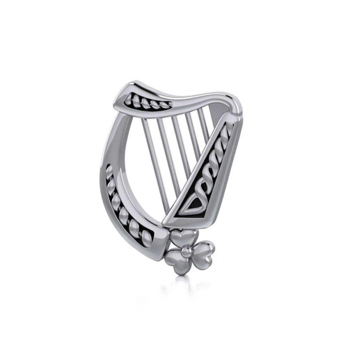 Sterling Silver Irish Harp Pendant with Shamrock