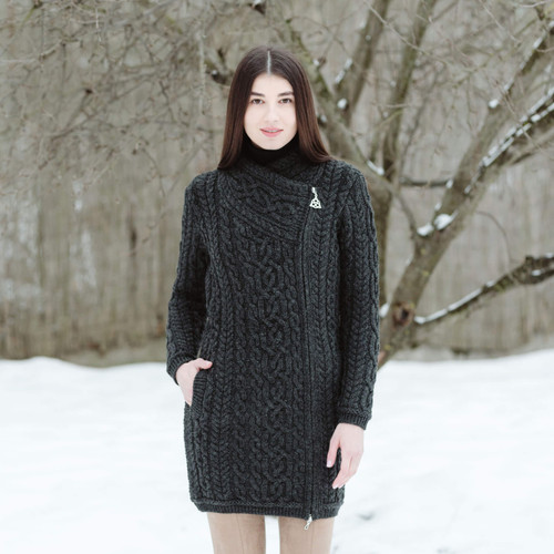 Cable Knit Side Zip Long Cardigan ML143 Charcoal SAOL Knitwear Front View