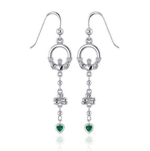 Dangle Emerald Claddagh Shamrock Earrings