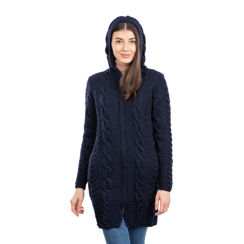 Aran Cable Knit Hooded Zip Coatigan | SAOL | SaolKnitwear.com
