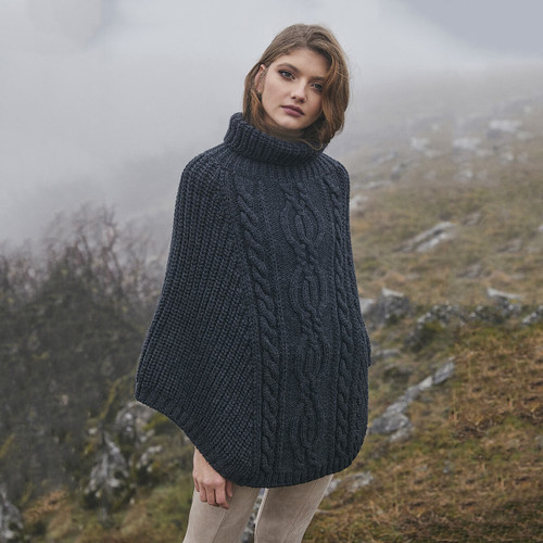 Cable Stitch Poncho ML132 Charcoal SAOL Knitwear Front View