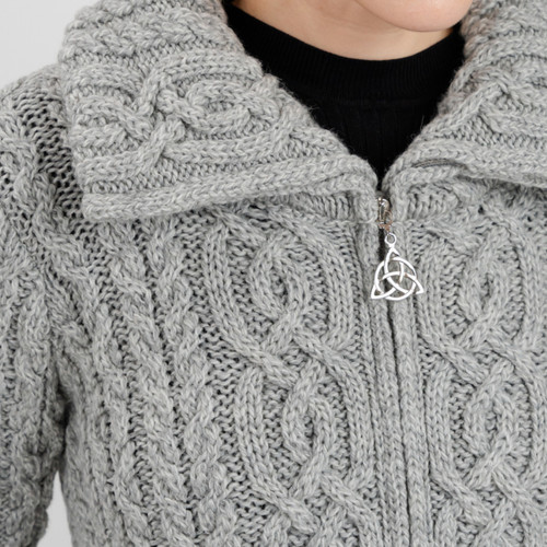 Zip Neck Aran Sweater – Chunky Knit, Charcoal Gray, Dry Clean Only