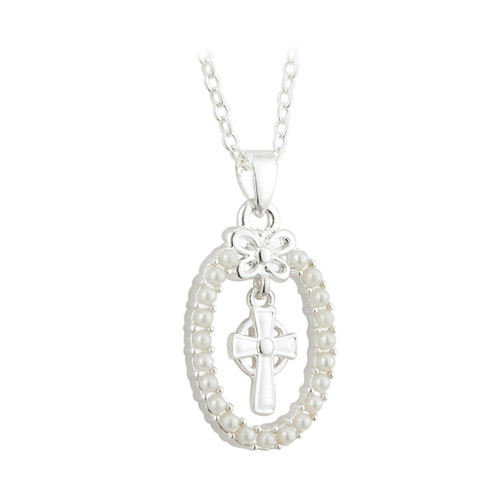 Silver Plated Pearl Oval Cross Pendant - Communion Gift
