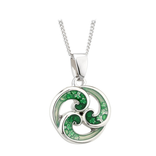 Green Enamel Celtic Knot Circle Pendant - Rhodium Finish