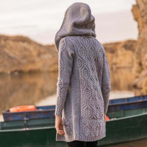 SAOL Women's 100% Merino Wool Hooded Cardigan Sweater – Cable Knit Long Coatigan (Made In Ireland)