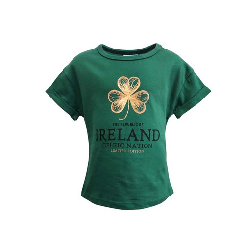 Bottle Green Shamrock Foil Embroidered Kids Tee