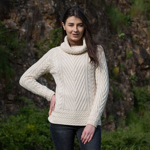 white cowl neck sweater, wool, cable knit