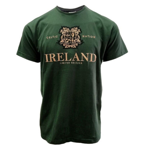 Mid Green Ireland Crest Embroidered Cotton T Shirt