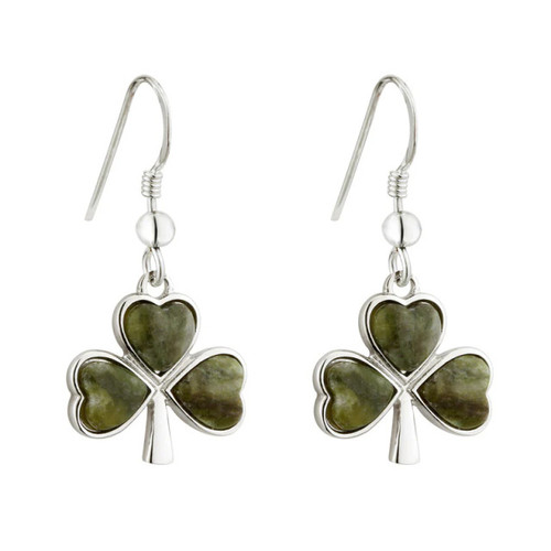 Rhodium Connemara Marble Shamrock Drop Earrings