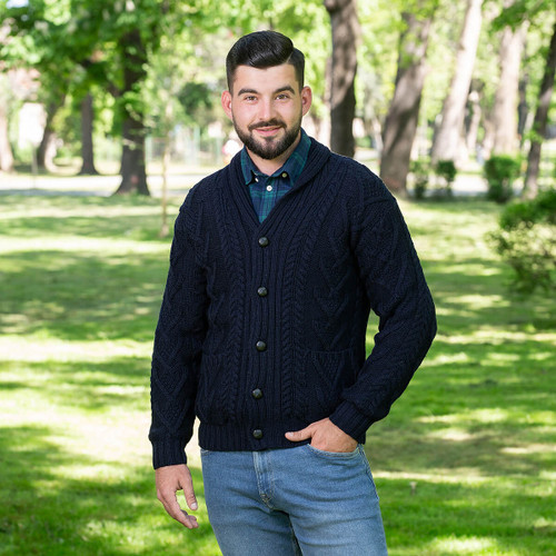 Mens Aran Cable Shawl-Collar Cardigan | SAOL | SaolKnitwear.com
