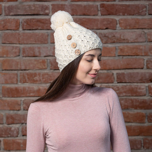 Ladies Button Pom-Pom Hat