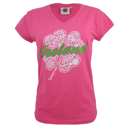 Pink Ireland Shamrock Word Art V-Neck T-Shirt