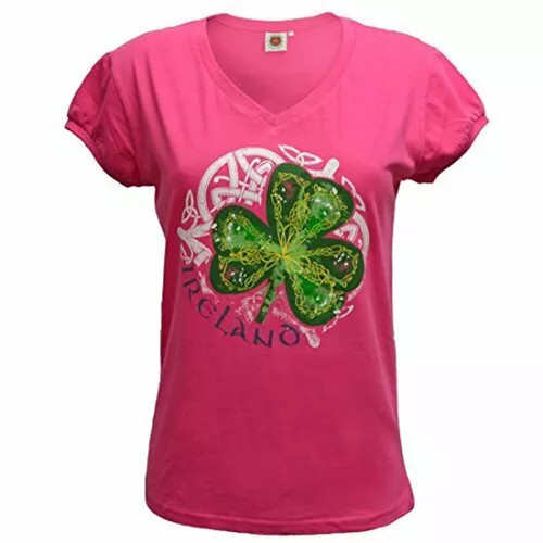 Cerise Shamrock Ireland V-Neck Ladies T-Shirt
