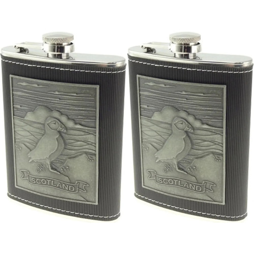 Packs of 8oz Embossed Puffin Hip Flask
