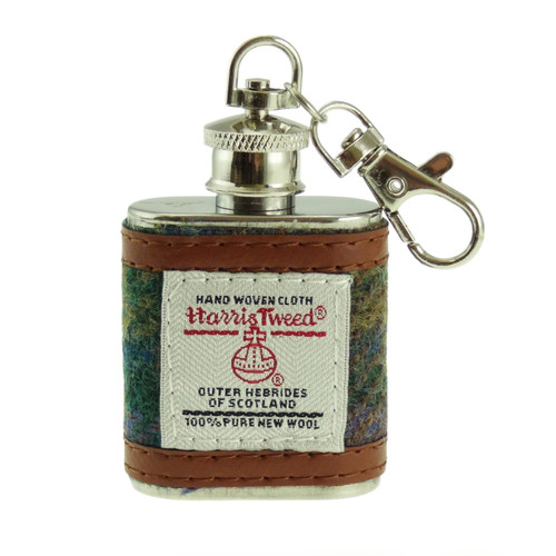 Box of 12 Assorted Harris Tweed 1oz Hip Flask Keyrings