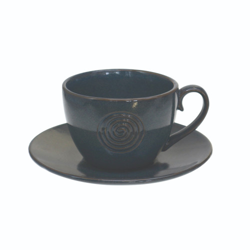 Irish Pottery Cup and Saucer Set Deep Blue Celtic Spiral