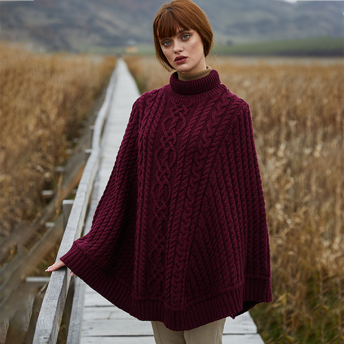 Ladies Cable Knit Poncho with Buttons