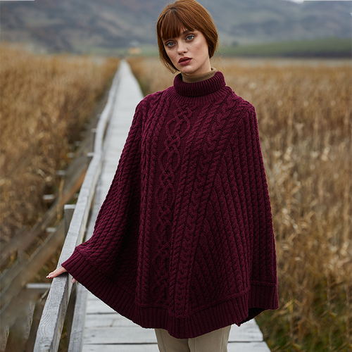 Ladies Cable Knit Poncho ML165-108 Wine Saol Front view