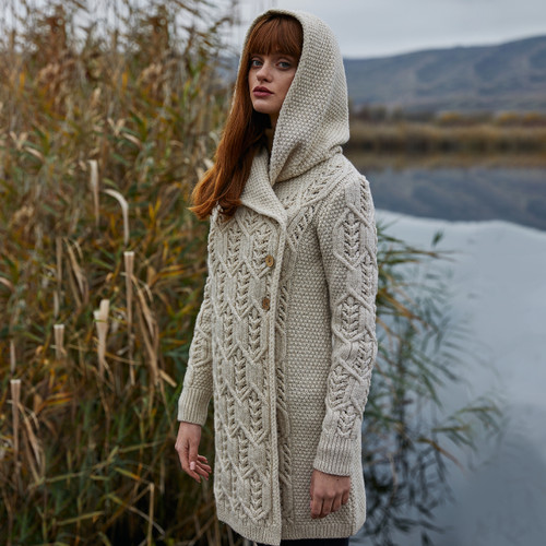 Wool Ladies Hooded Aran Cardigan Knitting Pattern Aran Leaf Coat