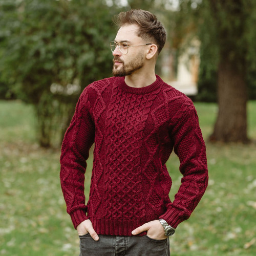 Saol Fisherman Cable Sweater FM178 - 608 Wine saolknitwear.com