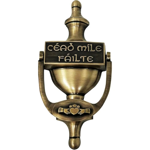 Cead Mile Failte Claddagh Brass Door Knocker 8'' in Antique Brass on Dublin Gift Company in Door Knockers