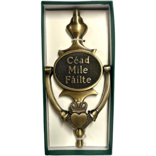 Cead Mile Failte Claddagh Brass Oval Door Knocker in Antique Brass on Dublin Gift Company in Door Knockers