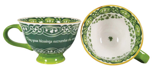 Bone China Blessing Mug Latte Cup Green Celtic Knots Ceramic Hand Painted Irish Symbol Shamrock