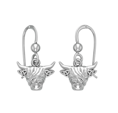 Highland Cow Triquetra Dangle Earrings in Silver