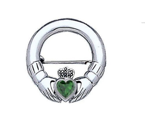 Silver Irish Claddagh Brooch with Emerald Glass