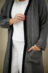 Audrey Long Linen Cardigan Black & White Woven