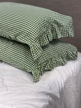 S/2 Green Check Frilled Cotton Pillowcases