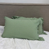 S/2 Green Check Frilled Cotton Pillowcases