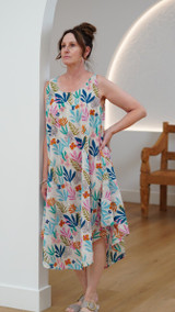Blue Leaf Print Bias Cut Dress