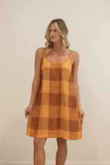 Nicola Slip Linen Dress Spiced Ochre Check