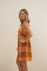 Nicola Slip Linen Dress Spiced Ochre Check