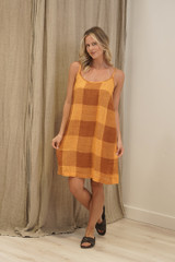 Nicola Slip Linen Dress Spiced Ochre Check