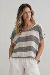 Carina Box Top Ivory & Black Stripes Open Weave