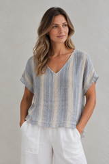 Verne V-neck Box Top Blue with White Stripe