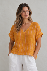 Verne V-neck Box Top  Mustard Velvet Stripes