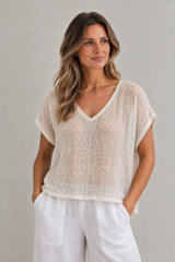 Verne V-neck Box Top  White weave