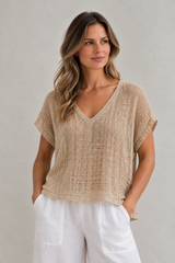 Verne V-neck Box Top Brown & Natural Weave