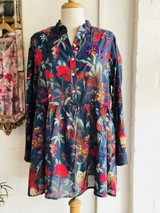 Bird Print Indigo Mandarin Collar Top (Pack of 2)