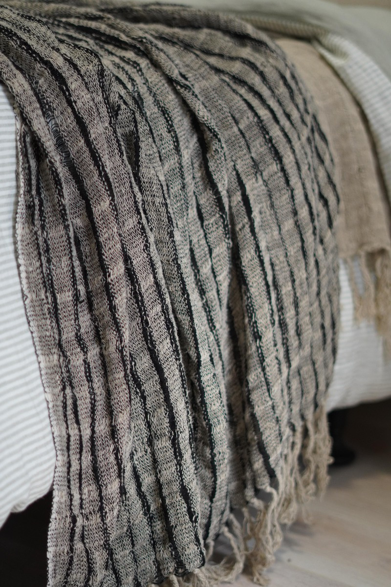 Audrey Linen Bed Throw Black & Natural Diagonal Spaced - Linens Unlimited