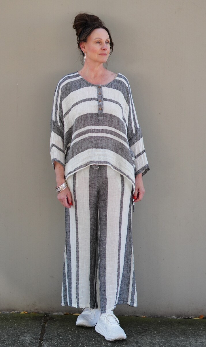 Greta Buttoned Top Black & White Stripes Linens Unlimited