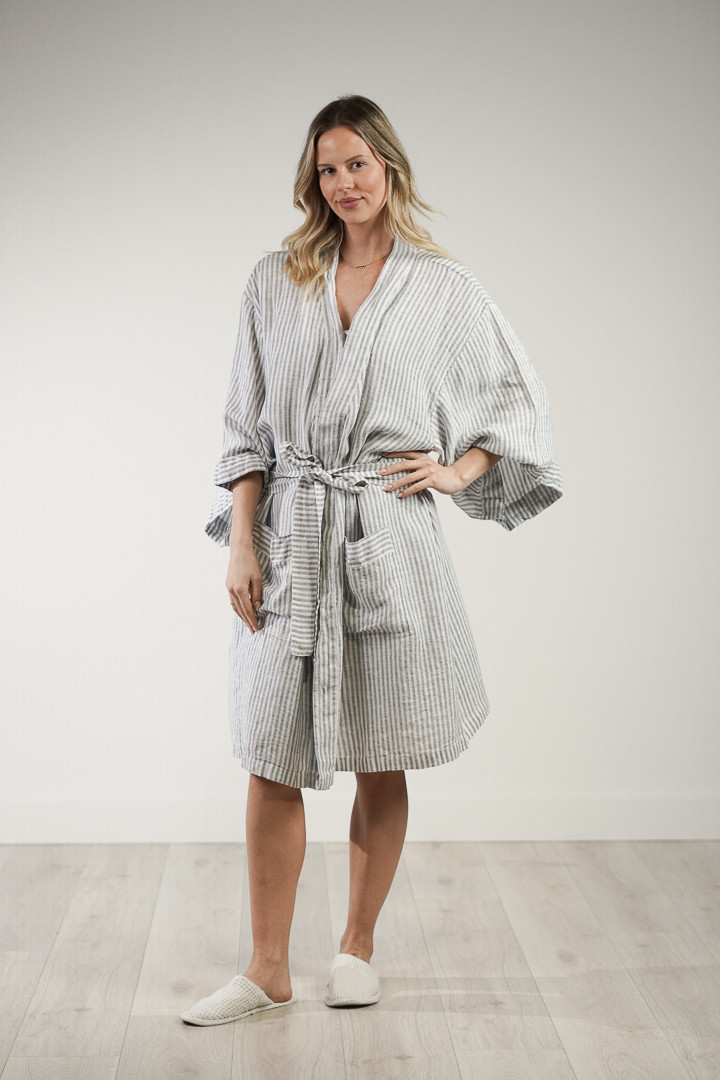 Powder Robes Verona Linen Robe Powder Blue Stripe - Linens Unlimited