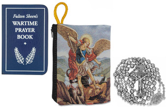 Military Rosary with Prayer Book and Tapestry Pouch (Chrome, Saint Michael)