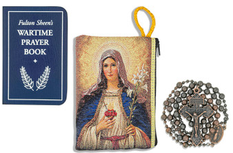Military Rosary with Prayer Book and Tapestry Pouch (Antique Copper, Sacred Heart of Jesus / Immaculate Heart of Mary)